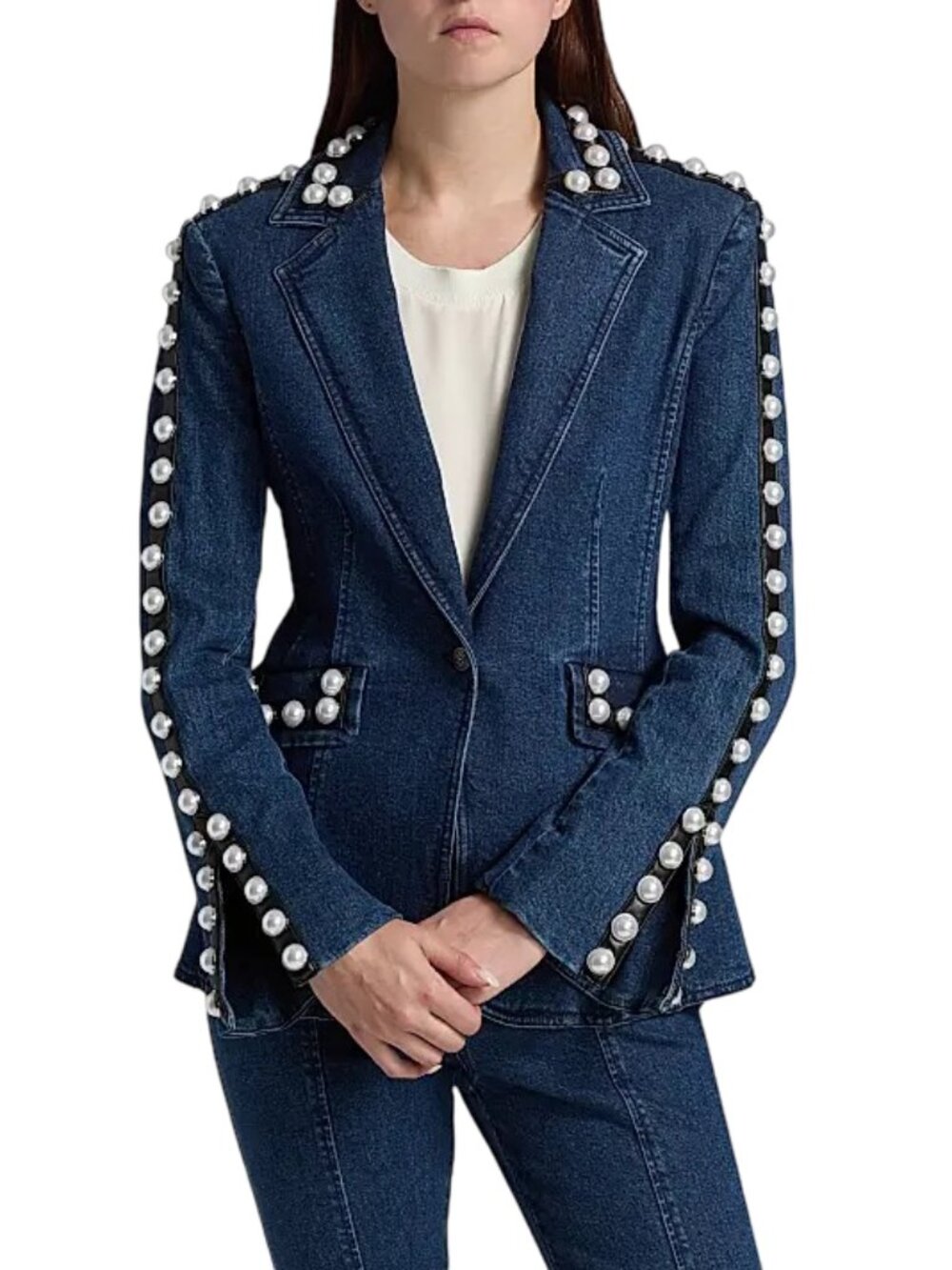 Cinq à Sept Milly Imitation Pearl-Embellished Denim Blazer